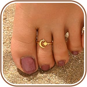 LOVECOM 925 Sterling Silver Moon Star Toe Rings for Women Mom | Dainty 14K Gold Plated Crescent Adjustable Open Band Toe Ring
