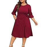 Manllenshie Women's Plus Size Dresses Casual 3/4 Ruffle Sleeve Crew Neck Twist Knot Wrap Patchwork Slit Hem Dress with Pocket (Wine Red,4XL)