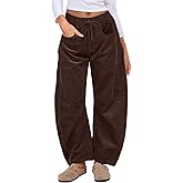 HOTIAN Womens Corduroy Pants Barrel Mid Rise Elastic Waist Loose Comfy Casual Baggy Trouser with Pockets