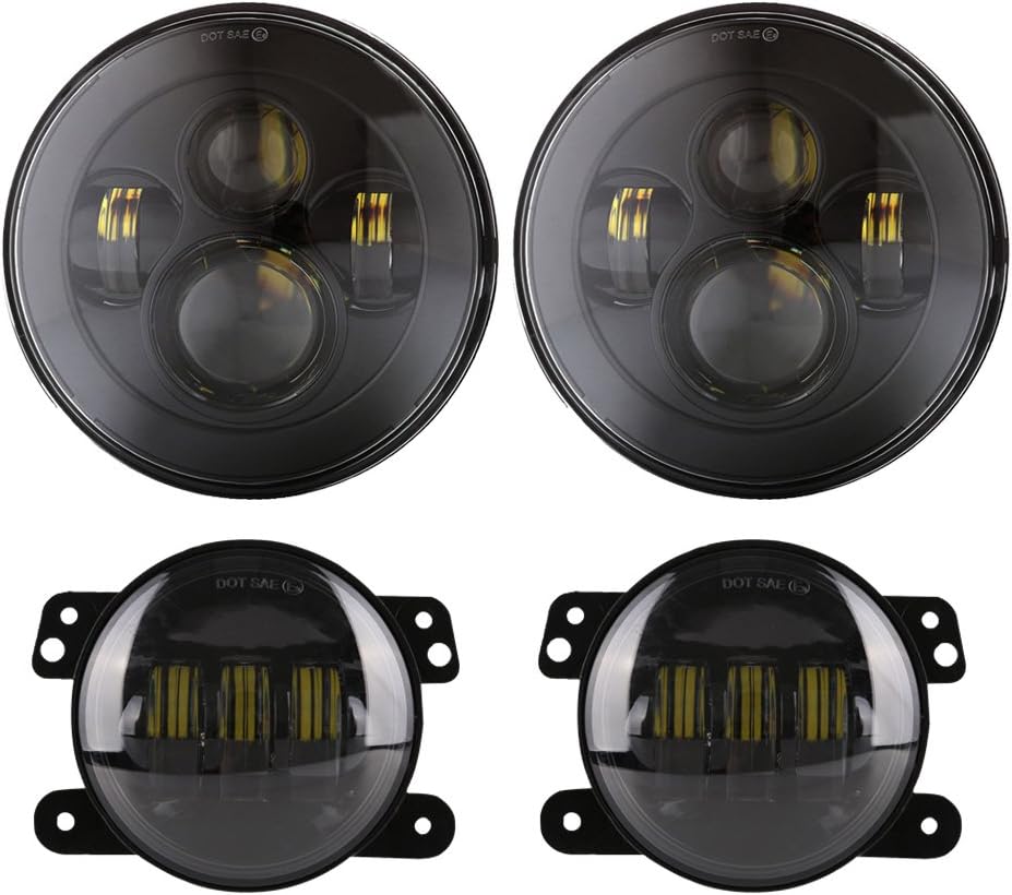 DOT Approved 45watt 7 Inch Round LED Headlight + 4 Inch 18watt LED Fog Lights High Low Beam Compatible with Jeep Wrangler 97-2017 JK TJ LJ JKU Rubicon Sahara-Black