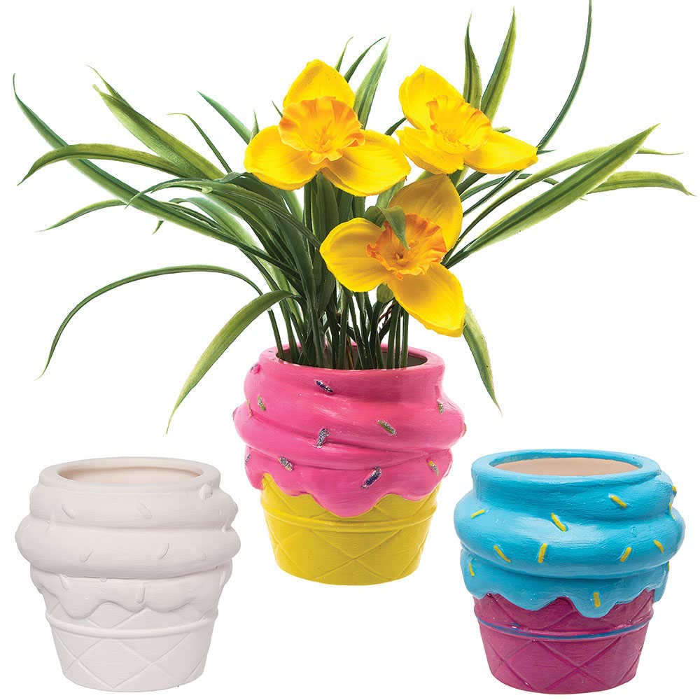 Baker Ross FC790 Ice Cream Ceramic Flowerpots - Box of 3, Craft Kits for Kids, Plant Pot Painting, Ceramics Crafts