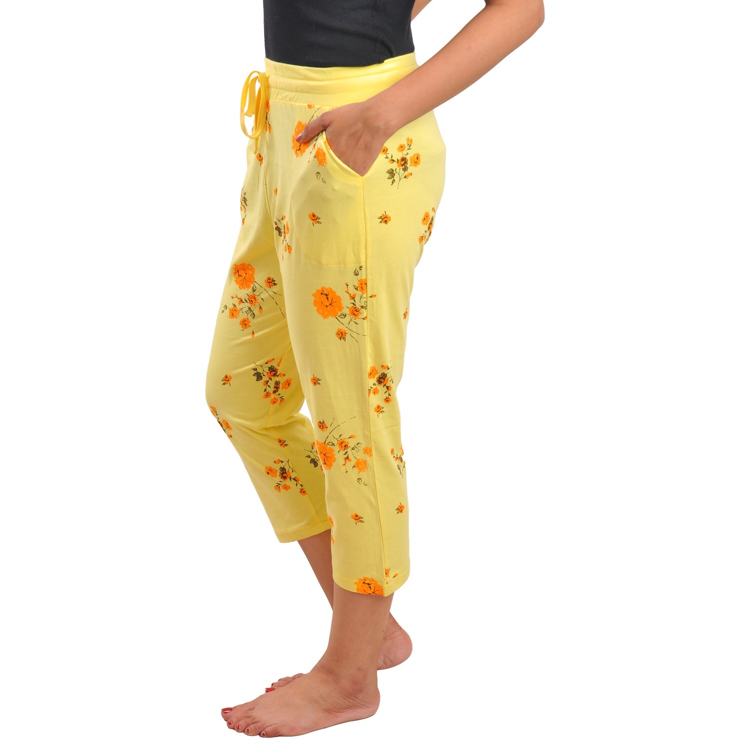 a9 women's cotton printed yellow capri