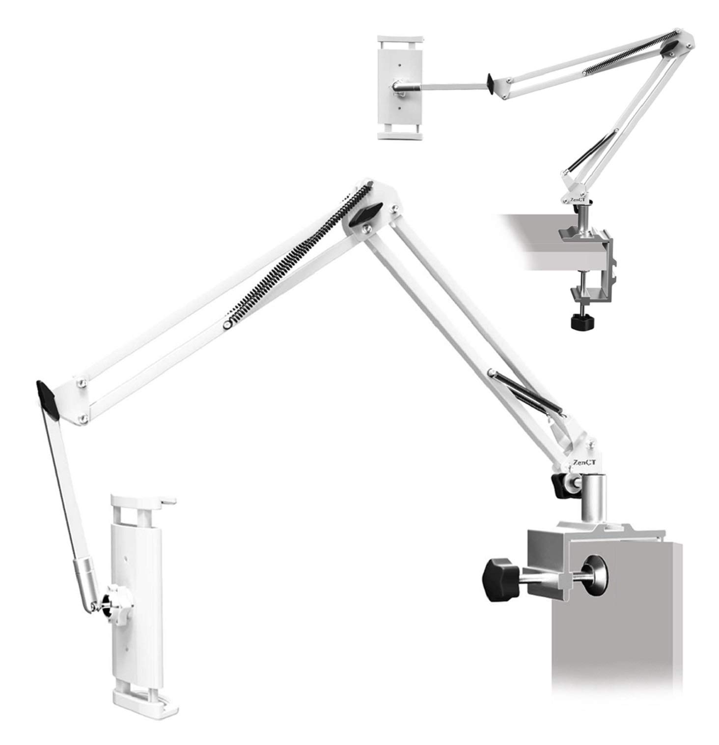 ZenCT Tablet Holder Phone Stand Bed Mount Holder with Adjustable Metal Arm, Compatible with iPad Pro 12.9 iPhone 11 (White)