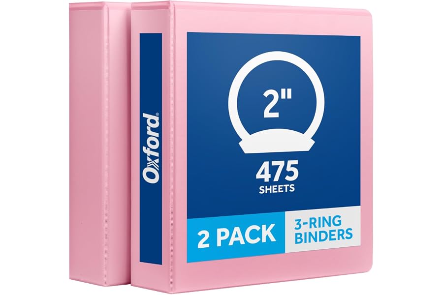 Oxford 2 Inch 3 Ring Binders, 2 Pack, Pink, Holds 475 Sheets | Round rings, clear view covers for custom inserts, and 2 inside pockets. PVC free, non stick.