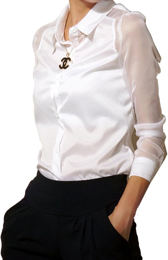 ELLAZHU Women Stand Collar Chiffon Seethrough Long Sleeve Blouse Shirt