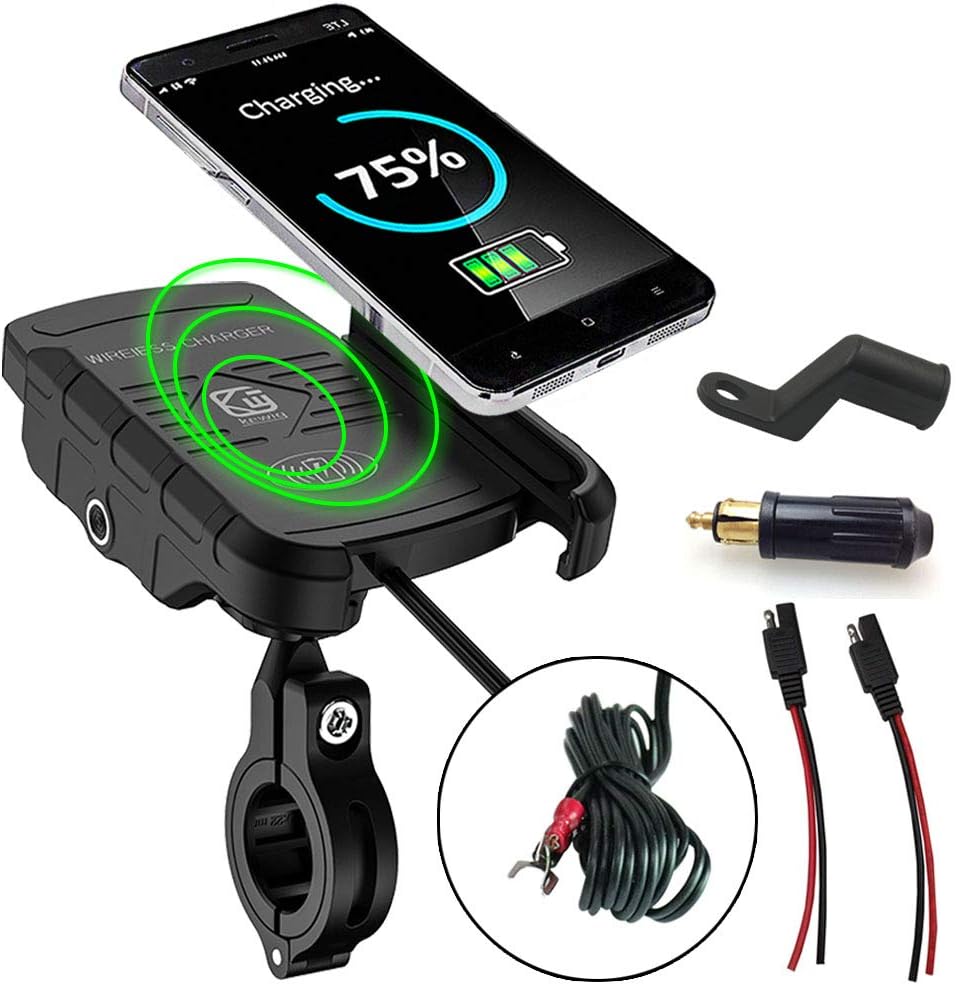 Aluminum Alloy Motorcycle Phone Mount Holder with Wireless Charger Handlebar/Mirror Fixed Fast Charging 10W for Samsung S10 S9 Note,7.5W for iPhone XR X XS Max,with DIN/SAE to USB Charger (Black)