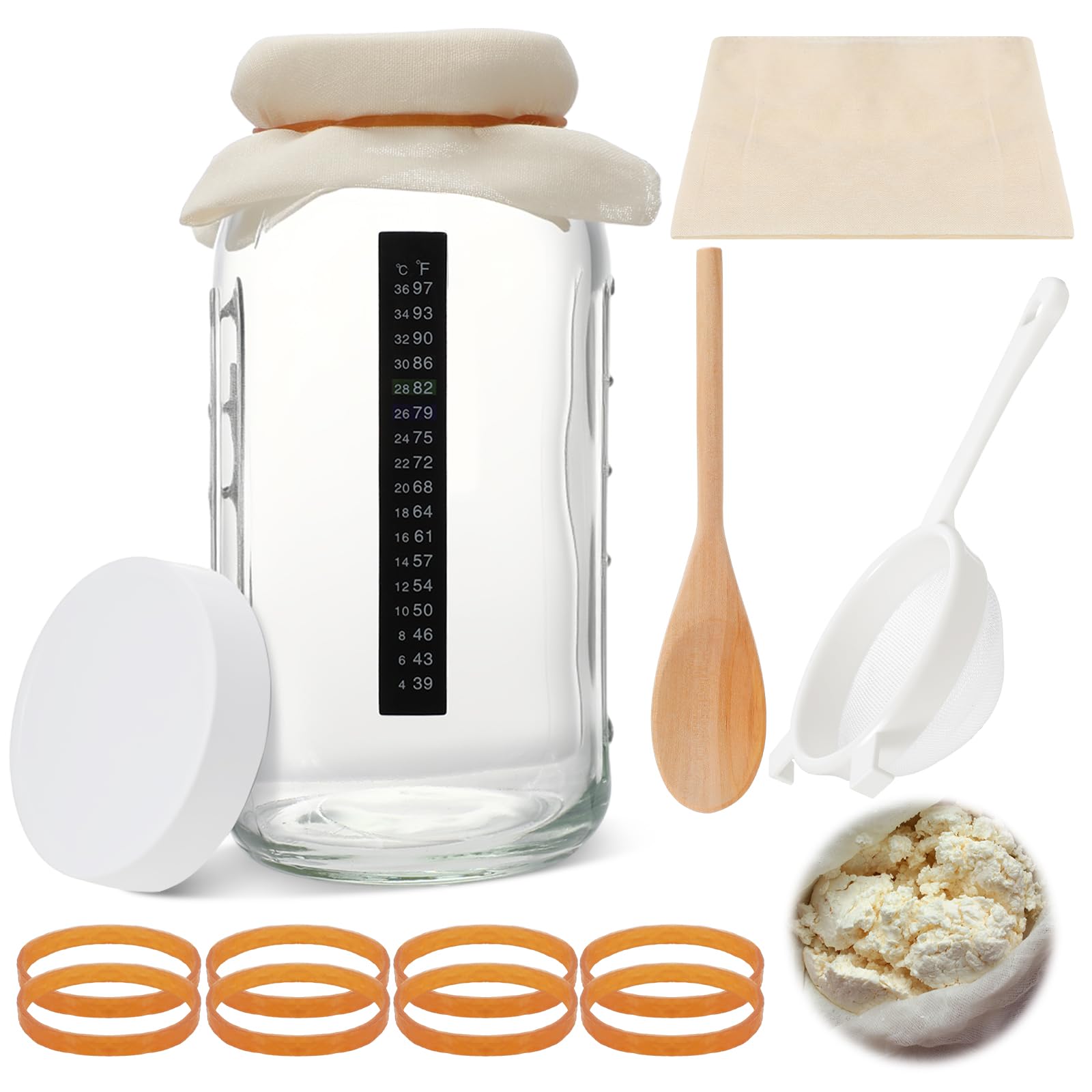Photo 1 of Honeydak 8 Pcs Complete Kefir Starter Kit Kombucha Fermenter Kit Half Gallon 64oz Mason Jar Wide Mouth with Plastic Storage Lid Nylon Mesh Strainer Cotton Cloth Cover and Wood Spoon