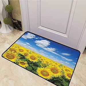 DESPKON Bath Mat Fresh Sunflowers Field Under Clear Sky Clouds Countryside Farm Picture Entrance Door Mat for Home Indoor/Outdoor Floor Entrance Blue Green Yellow 24 x 47 Inch