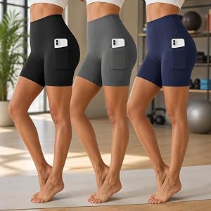 3 Pack Women's Nylon Spandex Biker Shorts High Waist Workout Pockets M-XL | Black Gray Navy Biker Shorts Set With High Waistb