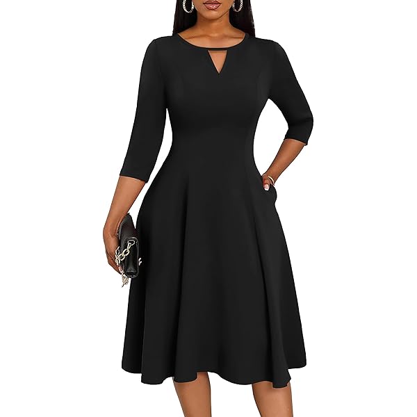 Nmoder Midi Dresses for Women A-Line Fit and Flare Dress 3/4 Sleeve V Neck  Cocktail Wedding Guest Work Dress with Pockets at Amazon Women's Clothing  store