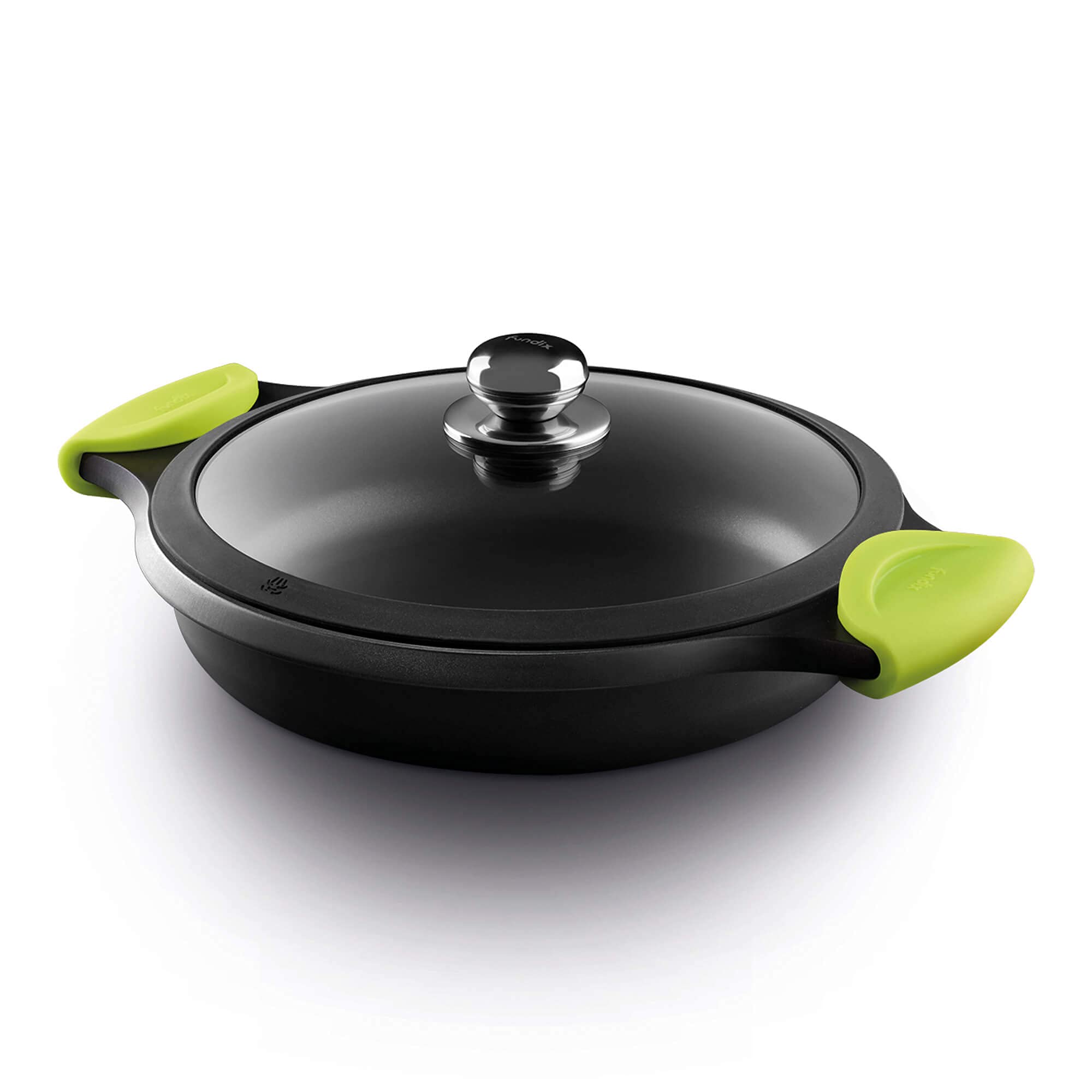 Castey F3-IR28 F3-IR28 Induction Shallow Casserole with Tempered Glass Lid and Silicone Side Handles, 28 cm, Cast Aluminium, Black