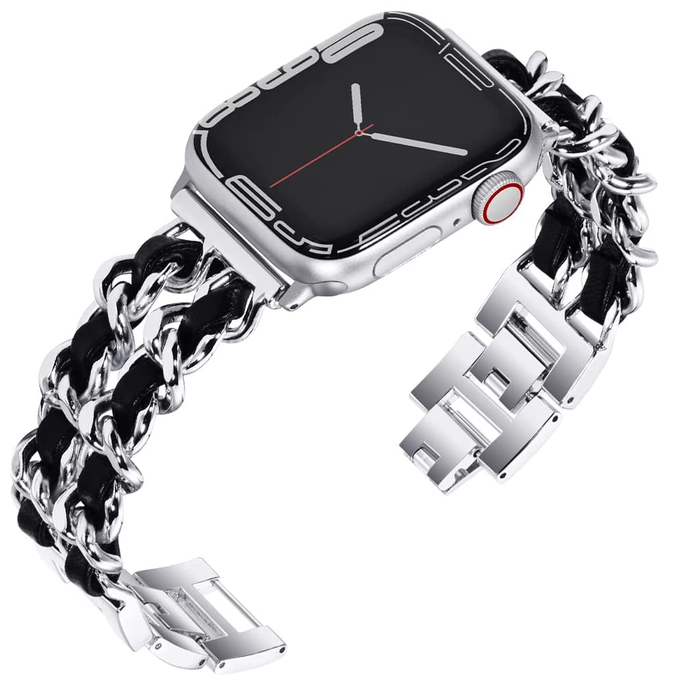 Niboow Strap for Apple Watch 38mm 40mm 41mm 42mm Series 11/10/9/8/7/6/5/4/3/2/1, Metal Leather Watch Bands for Apple iWatch SE 3/SE 2 - Sliver/Black