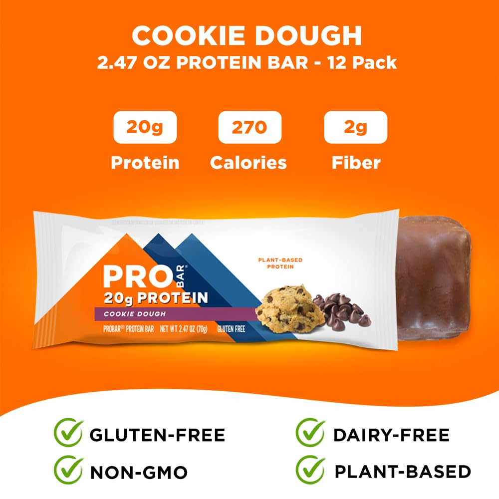 PROBAR - PROTEIN Bar, Cookie Dough, Non-GMO, Gluten-Free, Healthy, Plant-Based, Whole-Food Ingredients, Natural Energy (12 Count)