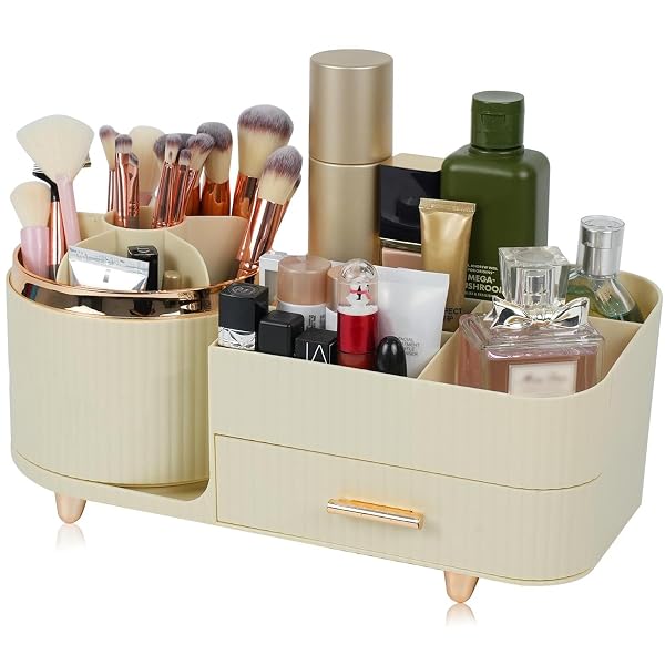 ZUFUDO MAKEUP ORGANIZER COUNTERTOP WITH DRAWER 360 ROTATING...