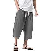 MAGNIVIT Men's Linen Cotton Capri Pants Loose Fit Elastic Waist Wide Leg Baggy Harem Pants