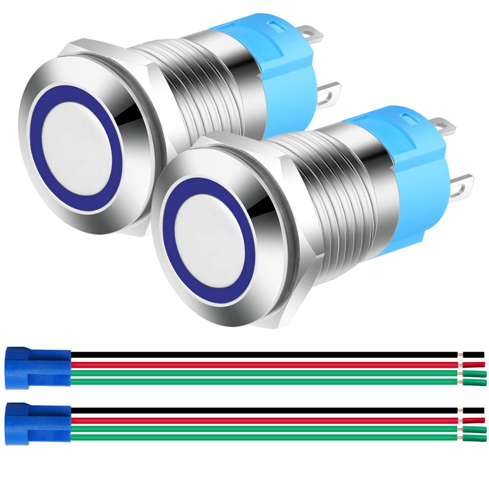 Gebildet 2pcs 0.47 Inch/12mm Stainless Steel Momentary Push Button 12V-24V 3A LED Normally Open SPST ON Off Waterproof with Wire Socket Plug (Blue LED) — image 1