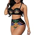 GLUDEAR Women Haitian Flag Print High Waisted Bikini Set Two Piece Tummy Control Vintage Swimsuit Halter Bathing Suit