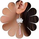 Allereyae Boho Lotus Flower Dangle Earrings Long Teardrop Earring Pink Floral Drop Earrings Acrylic Waterdrop Earring Water Lily Dangle Jewelry for Women