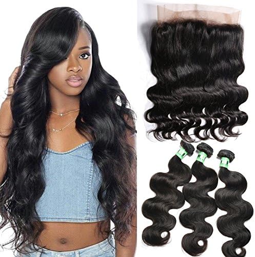 Msbeauty 360 Lace Frontal with Bundles Brazilian Body Wave Virgin Human Hair Bundles(12" closure with 12 14 16)Pre-plucked Natural Black Color