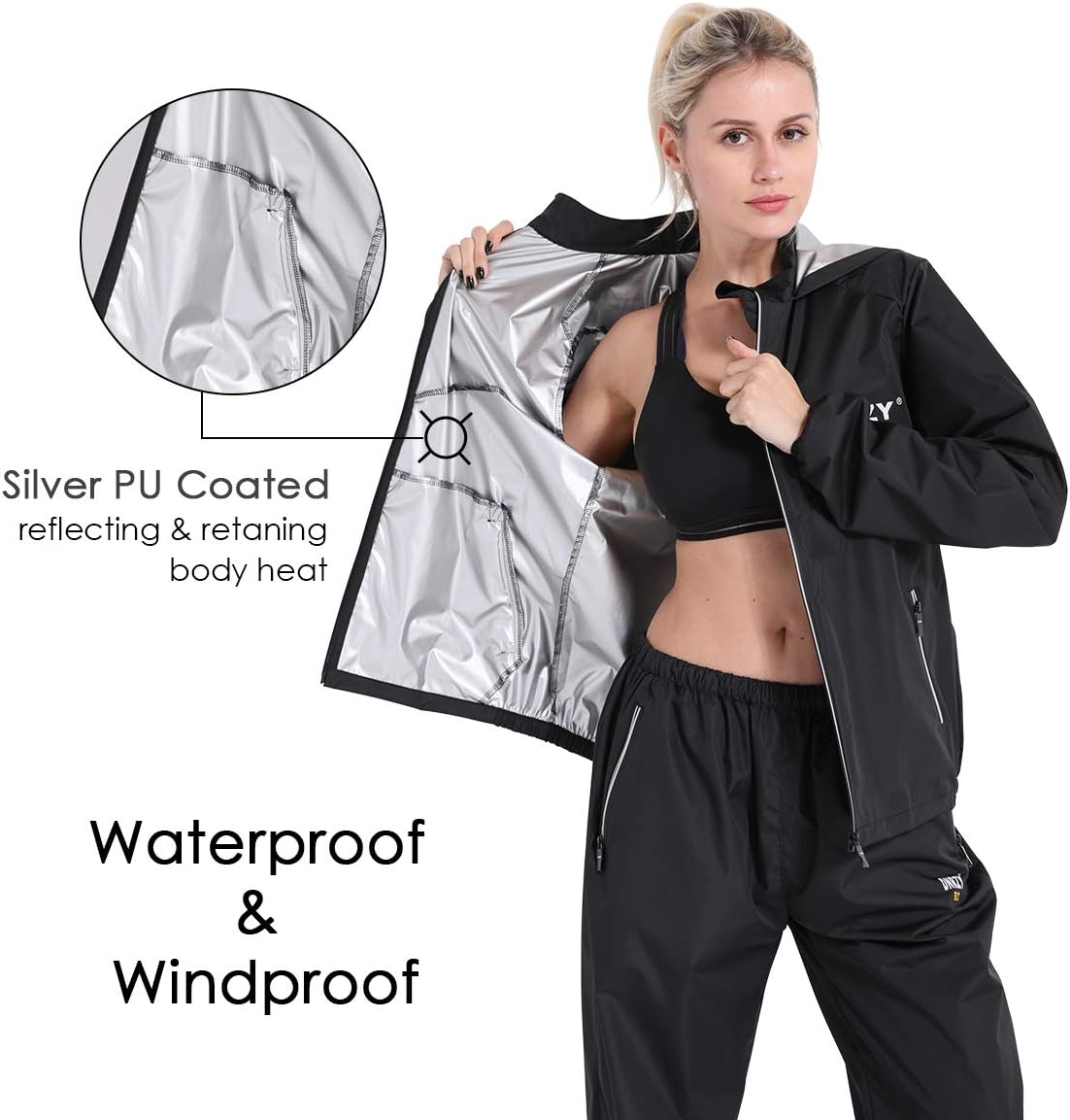 DNRZY F.I.T Sweat Sauna Suit Weight Loss for Men and Women, Long Sleeve Waterproof Black Workout Clothes Hooded Jacket Pants for Men and Women : Sports & Outdoors