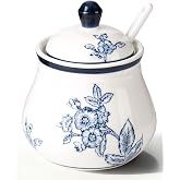 Magclay Ceramic Sugar Bowl with Lid and Spoon, 11Oz Sugar Dispenser | Sugar Container for Coffee Bar, Blue and White Sugar Jar, Flowers and Branches