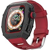 For Apple Watch Ultra Band 49mm Case, Luxury Rugged Metal Cover Screen Protector Fluoroelastomer Strap for iWatch Ultra Series 49mm Replacement Strap Heavy Duty Bumper Case for Men (49mm, Red)