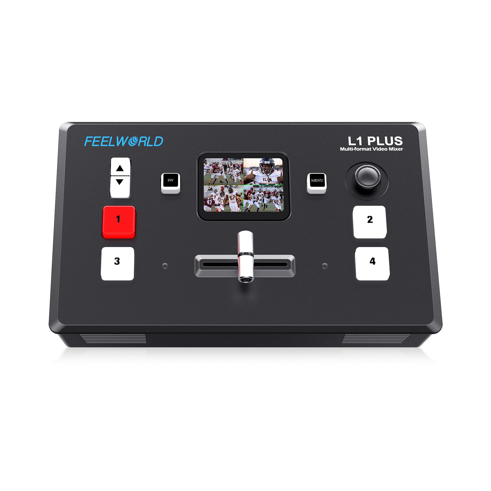 FEELWORLD L1 PLUS Multi Camera Video Mixer Switcher, 5.5 inch LCD Touch Screen PTZ Controller Chroma Key 4 HDMI Inputs USB3.0 Output Format, Real Time Production Live Streaming Built in Cooler