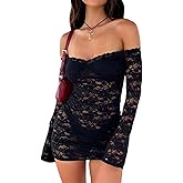 Women Sexy Off Shoulder Floral Lace Bodycon Mini Dress Y2K Flared Sleeves Short Dress Mesh Sheer Night Out Dresses