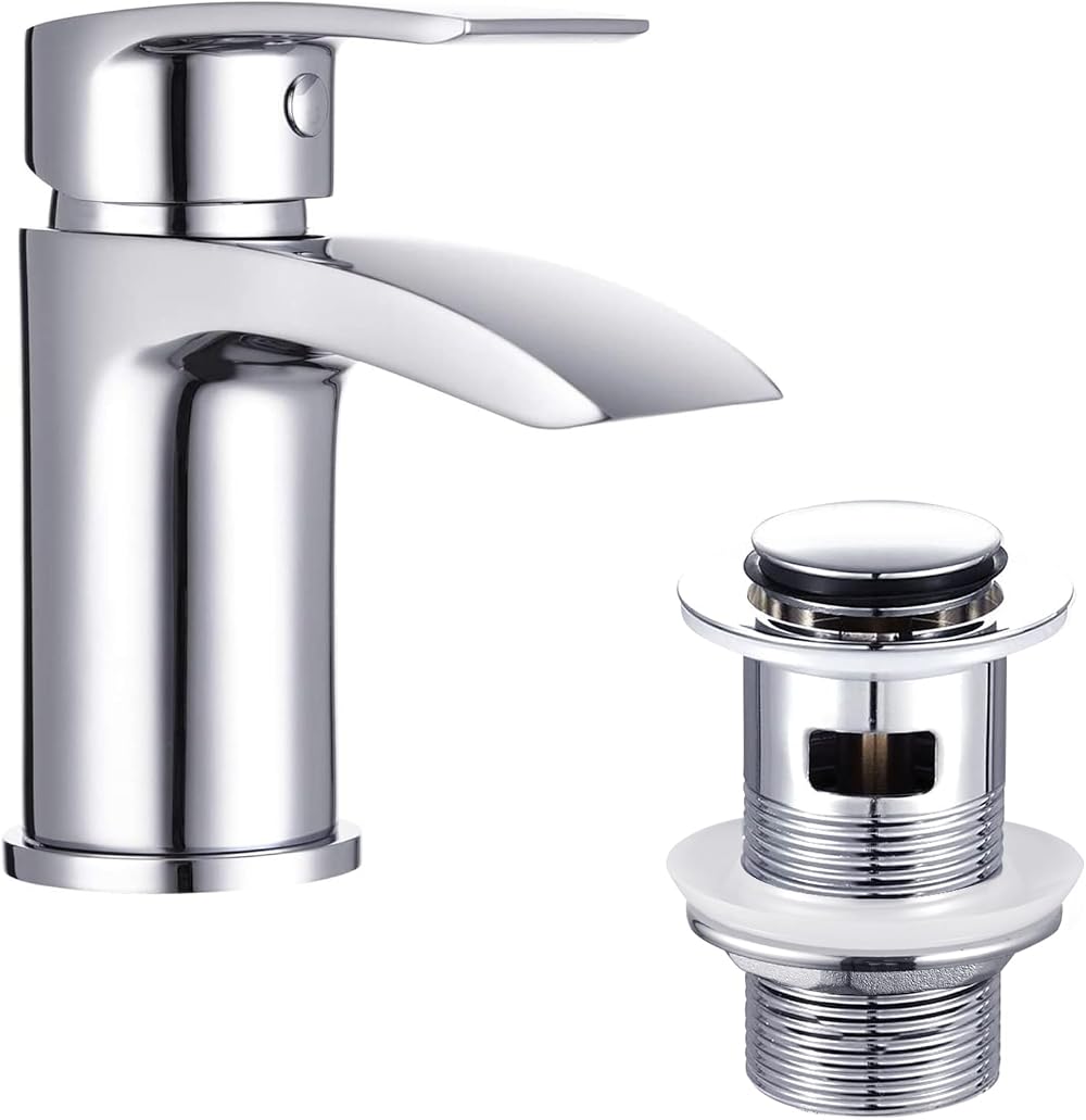Funime Basin Taps Mixer Waterfall Mono Chrome with Pop Up Waste G1/2''