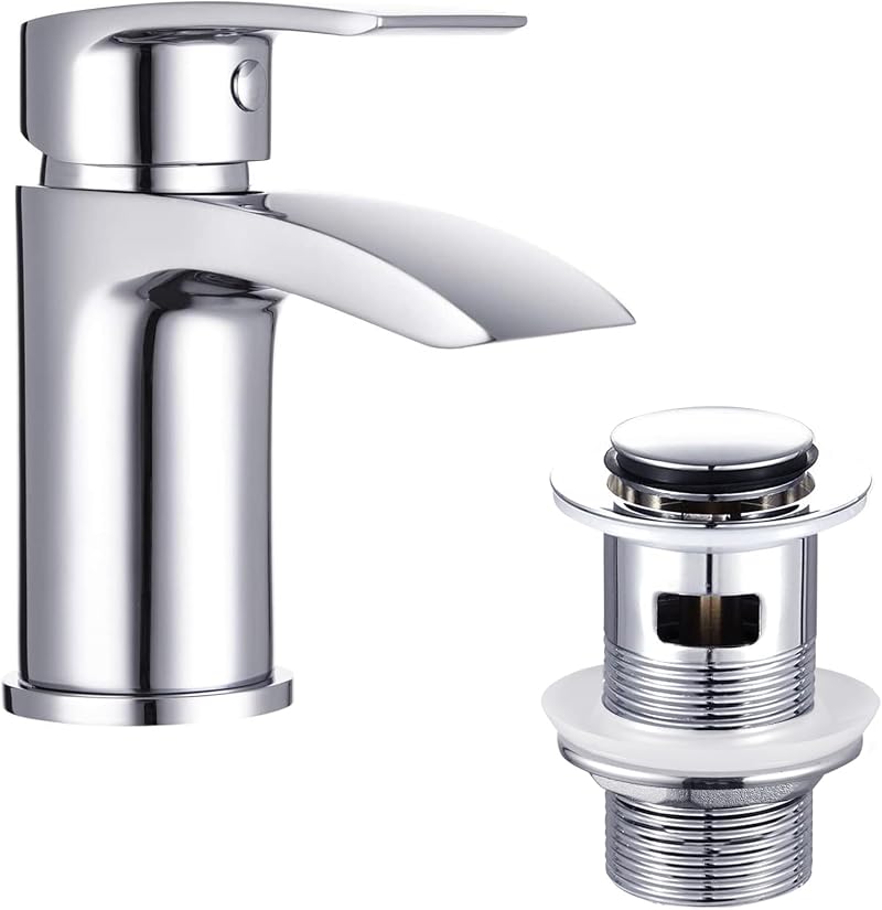 Funime Basin Taps Mixer Waterfall Mono Chrome with Pop Up Waste G1/2''