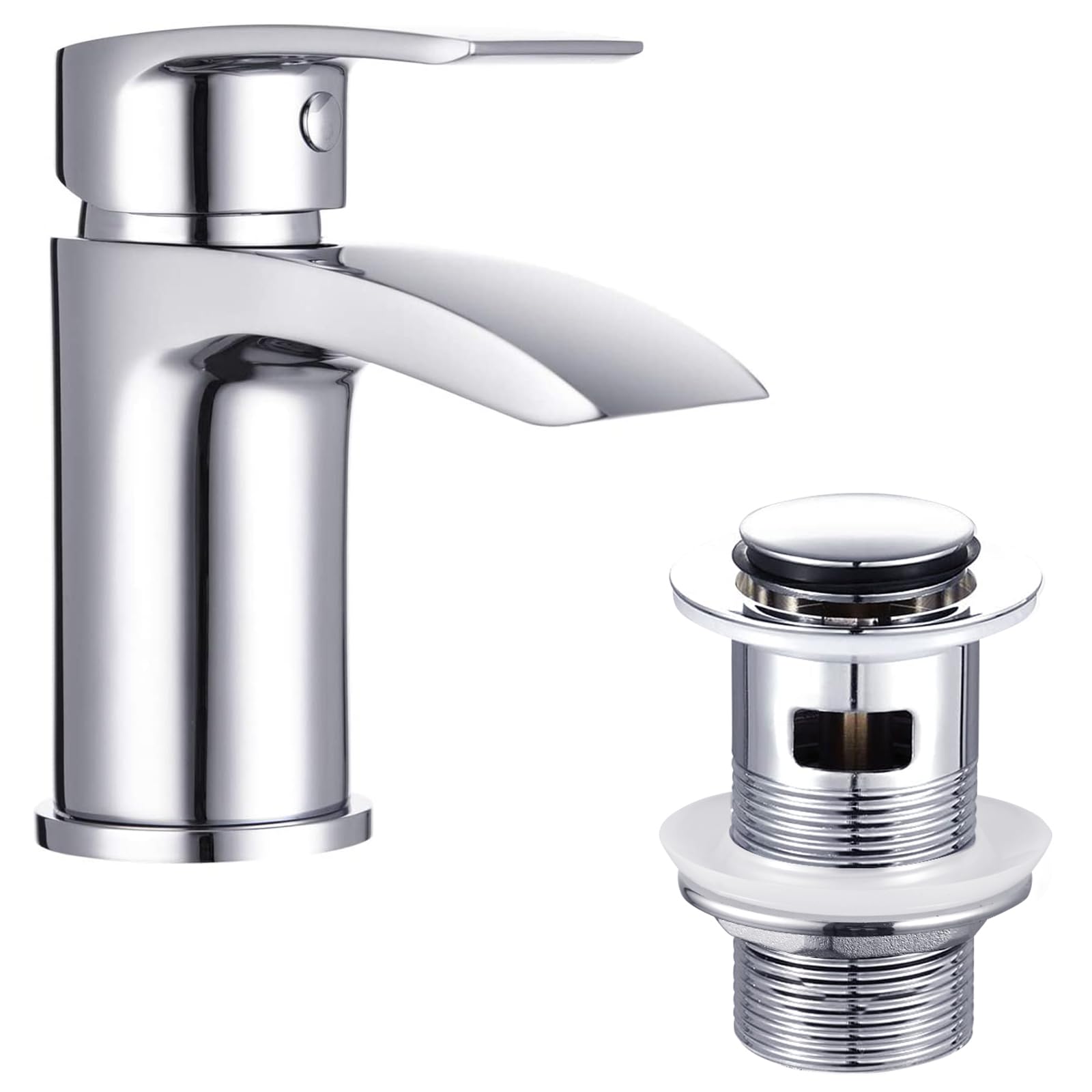 Funime Basin Taps Mixer Waterfall Bathroom Sink Tap Mixers Mono Chrome with Pop up Waste Slotted Brass Single Hole Monobloc with Hoses G1/2'' Modern Round Cloakroom Faucet with Click Clack Plug Waste