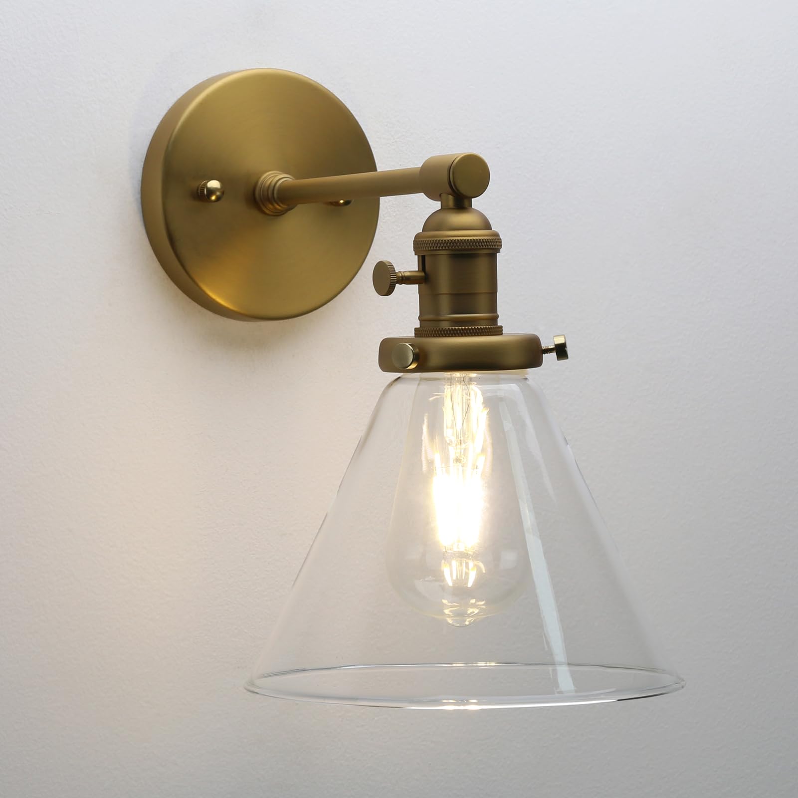Phansthy Edison Industrial Wall Light, E27 Vintage Glass Wall Lamp with Switch, Brass Finish Wall Lighting Fixtures Suitable for Living Room, Bedroom, Hallways, Kitchen, Dining Room (Antique)