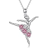 AOBOCO Ballerina Necklace 925 Sterling Silver Dancer Pendant Embellished with Birthstone Crystals from Austria, Christmas Ballet Recital Themed Dancer Gifts for Women