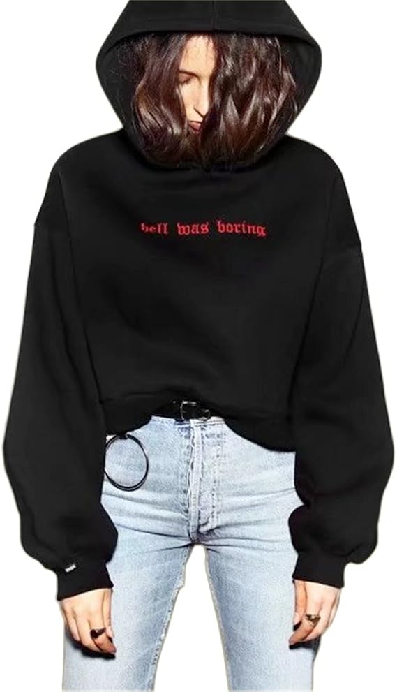 Amazon クロップド フード付き パーカー レディース 黒 原宿 可愛い トレーナー 女子 ブラック M トレーナー パーカー 通販