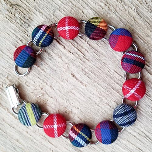 Red and Blue preppy tartan plaid button handmade bracelet jewelry - 7 3/4 inch button disc bracelet - Wrapped in a pillow box for gift giving!