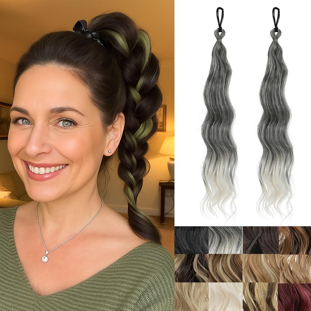 Photo 1 of IOVOIMMSL 2 Piece Braid Wig Hair Piece Wavy Curly Scrunchies Synthetic Chignon Ponytail Hair Extensions Thick Updo Hairpieces for Women (Grey and White Tpis)