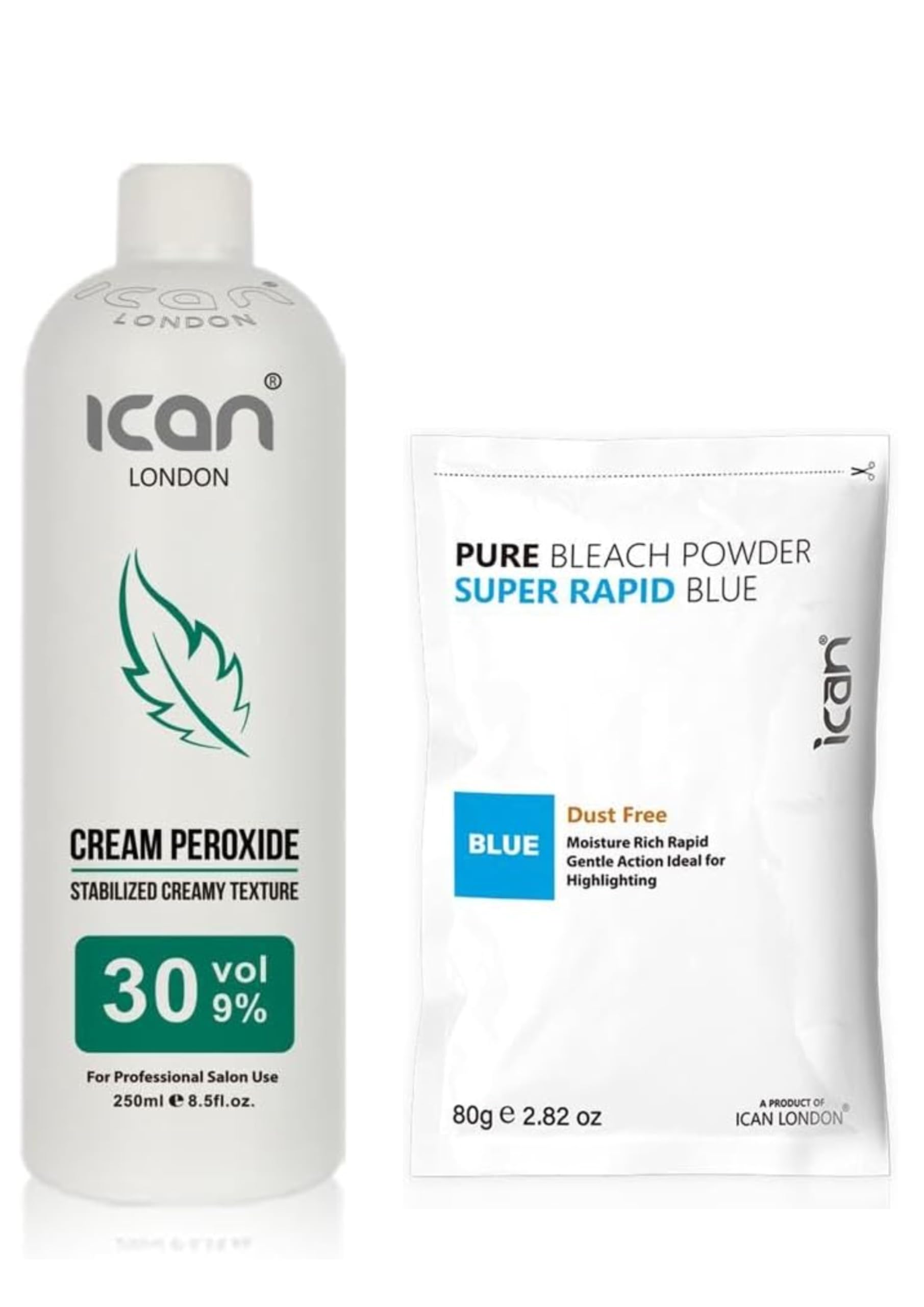 ICAN LONDON PROFESSIONAL CREAM PEROXIDE 30 VOL 9% 250 ML + RAPID BLUE POWDER BLEACH 80 G SET