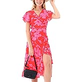 Women's Summer Wrap Maxi Dress Casual Boho Floral V Neck Short Sleeve Ruffle Hem Split Beach Long Dresses