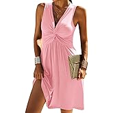 Veatzaer Women's V Neck Front Knotted Sleeveless Tank Dress Summer Solid Casual A Line Dress Pink