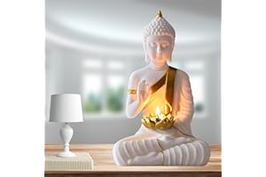 White Buddha Statue with Gold Lotus Candle Holder, Zen Meditation Decor, Ceramic Figurine, Spiritual Home Accent