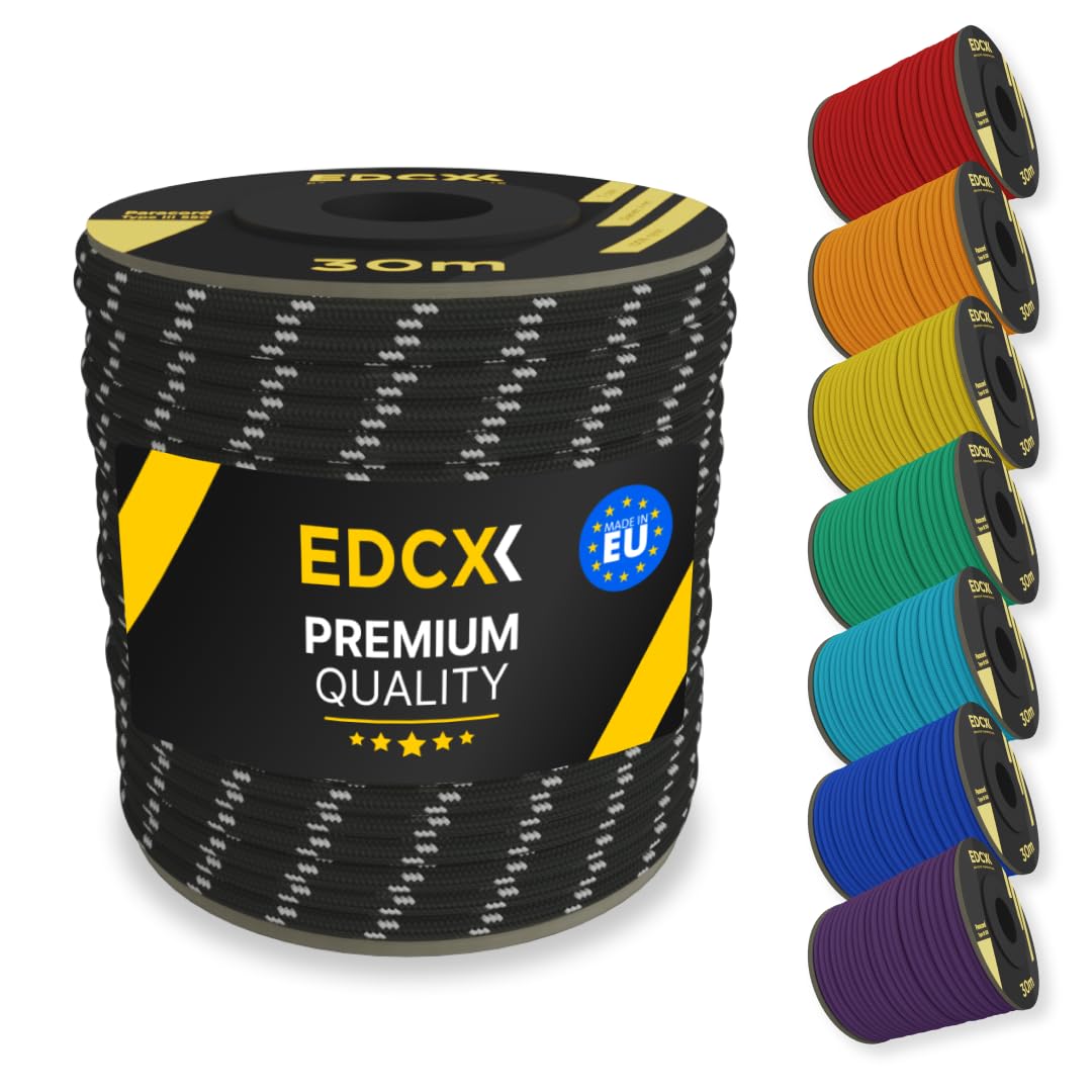 EDCX 4mm Nylon Paracord 550 30m (100 feet) | Ideal for Camping, Survival, Outdoor, Crafting, DIY | 100% Nylon Rope 4mm | Paracord 550 Type III in Solid Color (Reflective Black, 30 m)