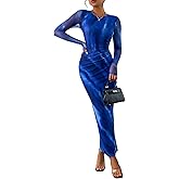 CFLONGE Long Sleeve Dress for Women Floral Print Ruched Wedding Guest Maxi Dresses Tight Fitted Cocktail Party Bodycon Dress