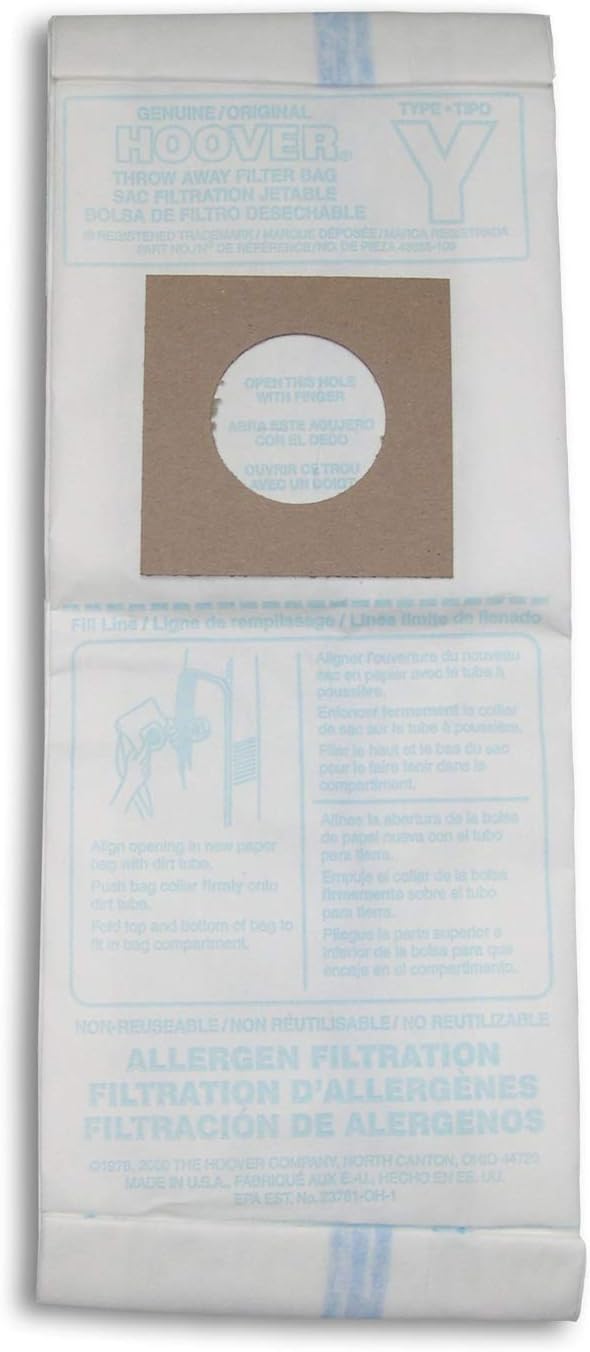 Hoover Type Y Allergen Bags, for WindTunnel Vacuum Cleaners, 3-Pack, 4010100Y, White - Vacuum Bags Upright