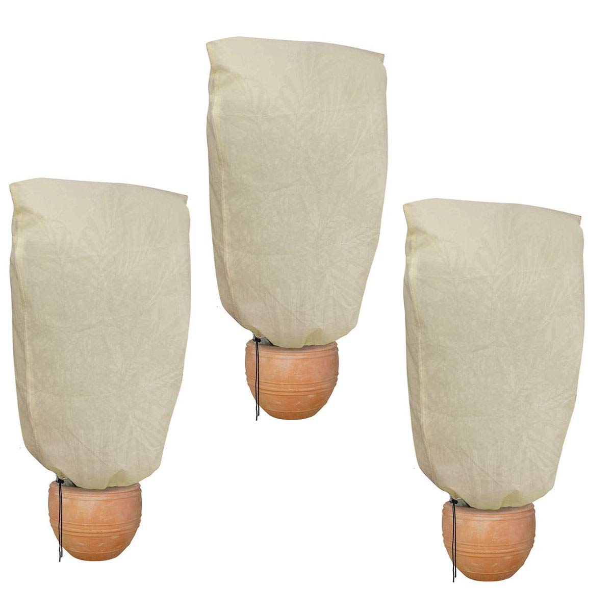 HH-LIFE 3 Pcs Winter Drawstring Plant Covers 80x100 cm Frost Protection Bags Anti-Freeze Jacket Warm Blanket for Shrub Tree Plants (60g/m² Beige)
