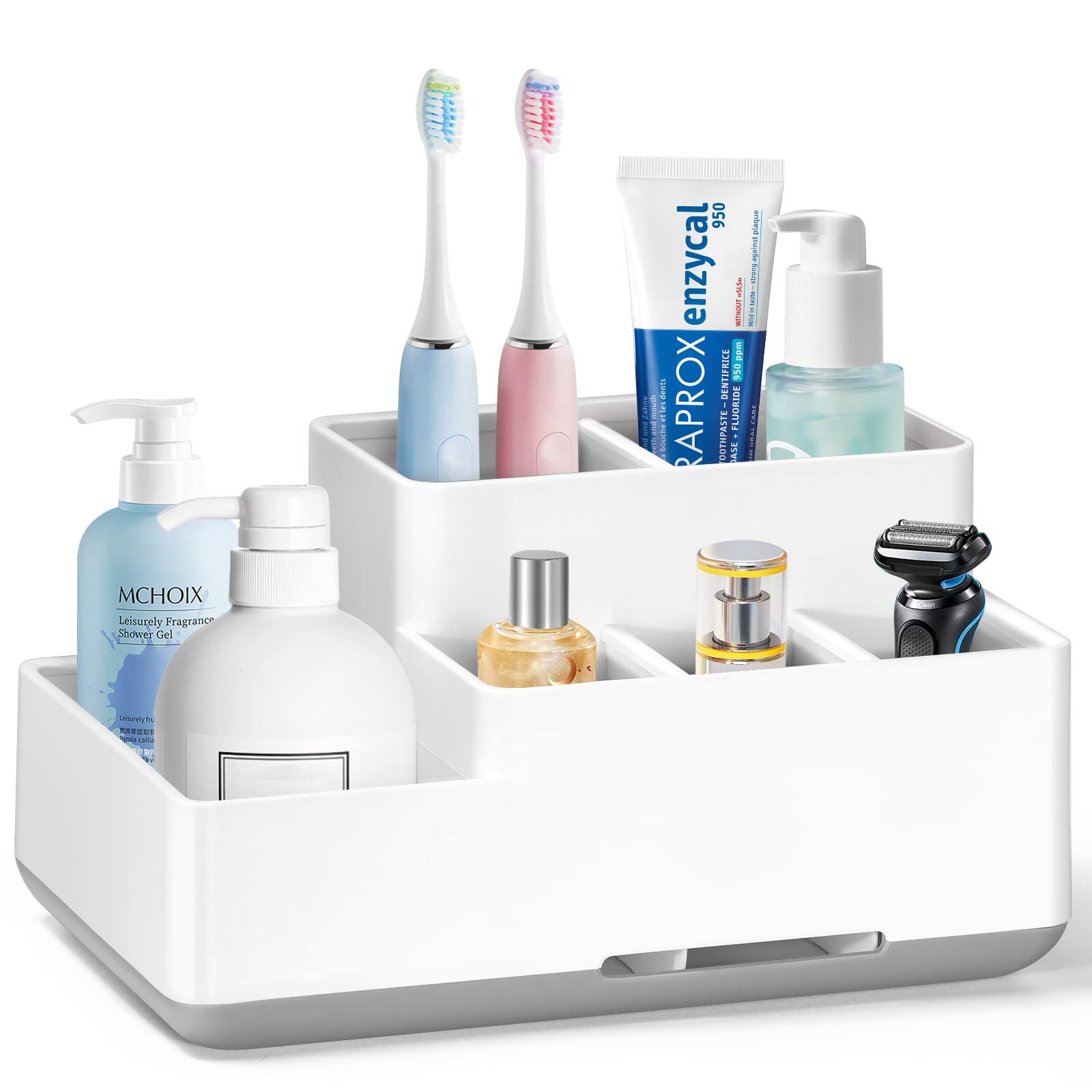 Toothbrush Holder, Detachable Non-Slip Electric Toothbrush Holder with 6 Compartments and Drainage Holes Bathroom Organiser for Bathroom, Kitchen, and Family Beige