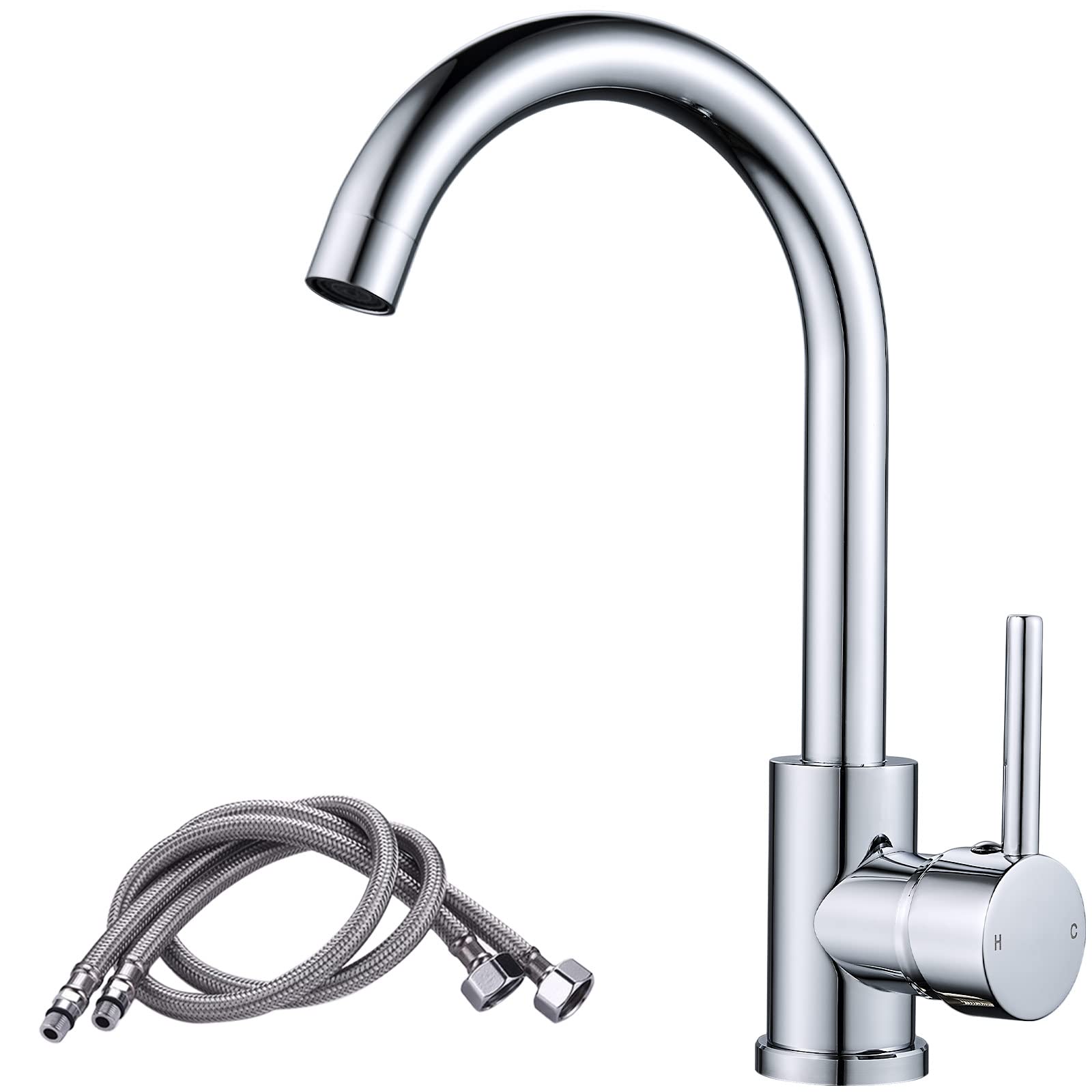 NewEast Kitchen Mixer Taps, Stainless Steel Single Lever Kitchen Monobloc Sink Tap with Swivel Spout and Hoses, Chrome Brass