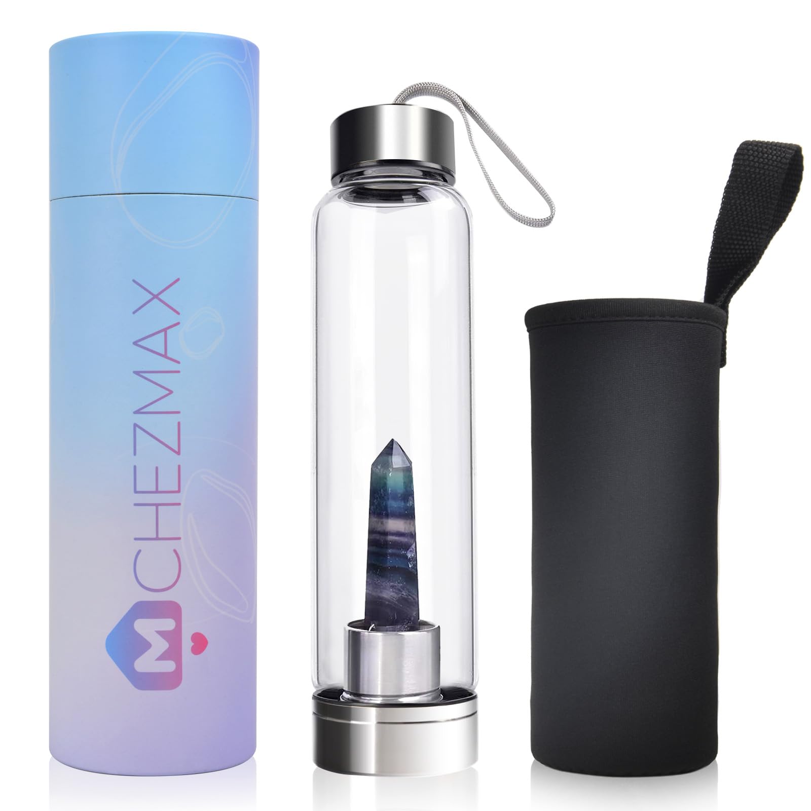 ChezMax Crystal Glass Water Bottle Energy Bottle Wellness Gem Water Bottle with Removable Natural Crystal Center