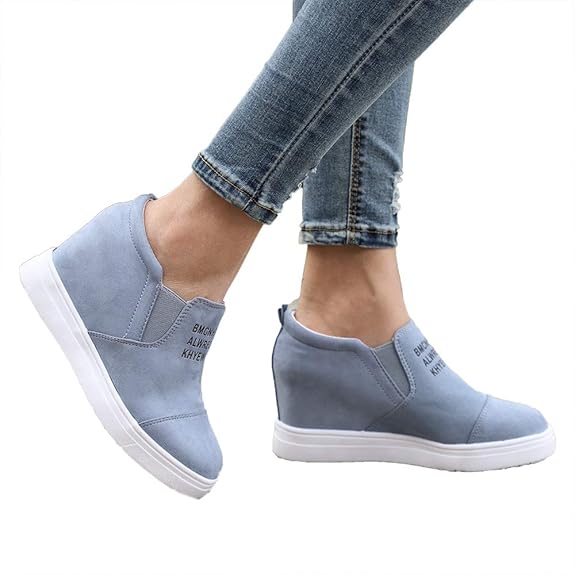 Miuko Plateau Sneaker Damen Leder Keilabsatz Hohe 7 cm Absatz Slip On Wildleder Loafers Wedges Ankle Boots Casual Bequeme Sch
