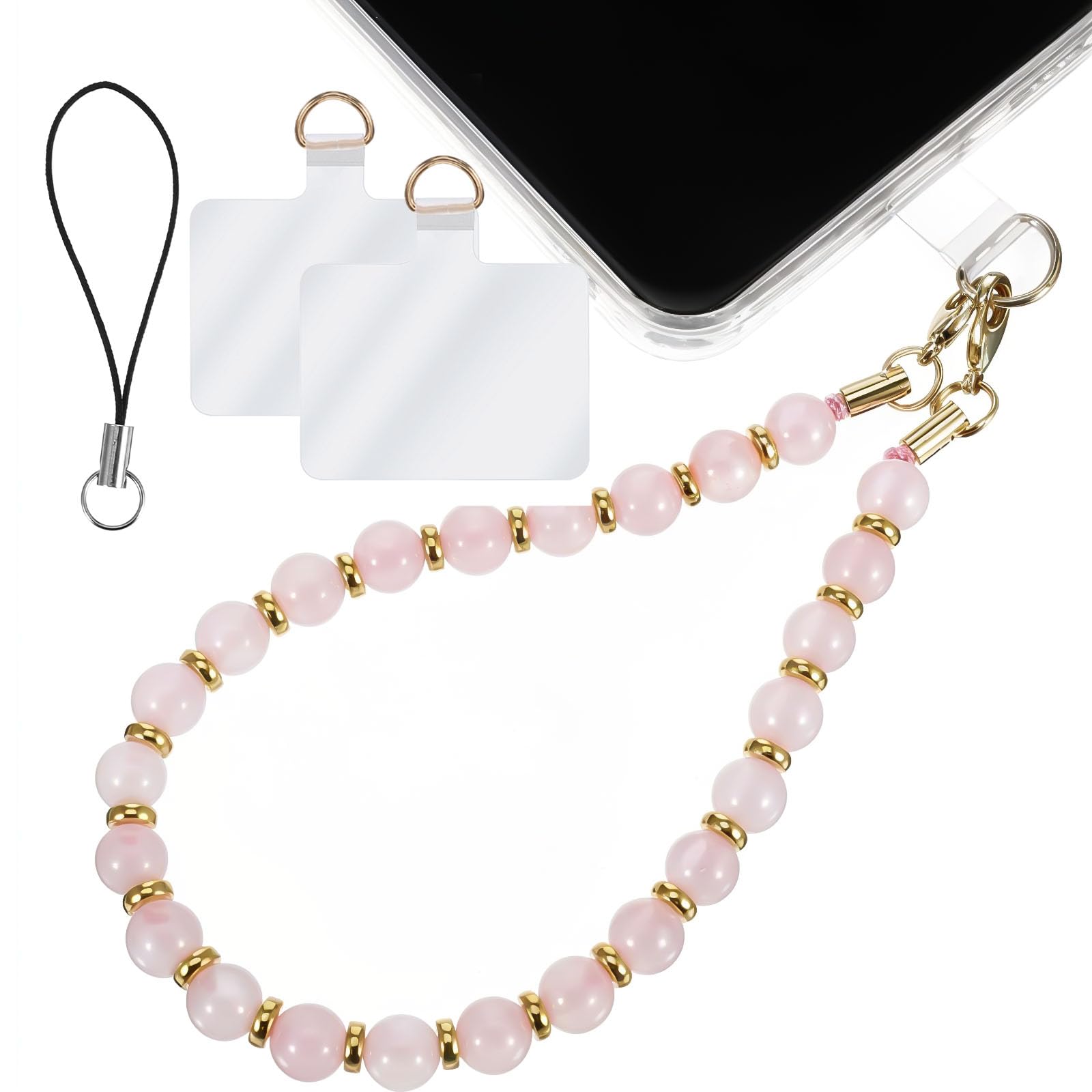 AOZUO Marble Beaded Phone Wrist Strap, Pink Hands-Free Wristlet Bracelet with 2 Tether Tab Phone Charm Compatible with Most Phones
