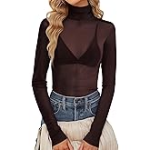 FEORJGP Womens Mesh Long Sleeve Tops Turtleneck See Through Slim Fitted Blouse Sheer Going Out Club Party Fall Tee Shirts